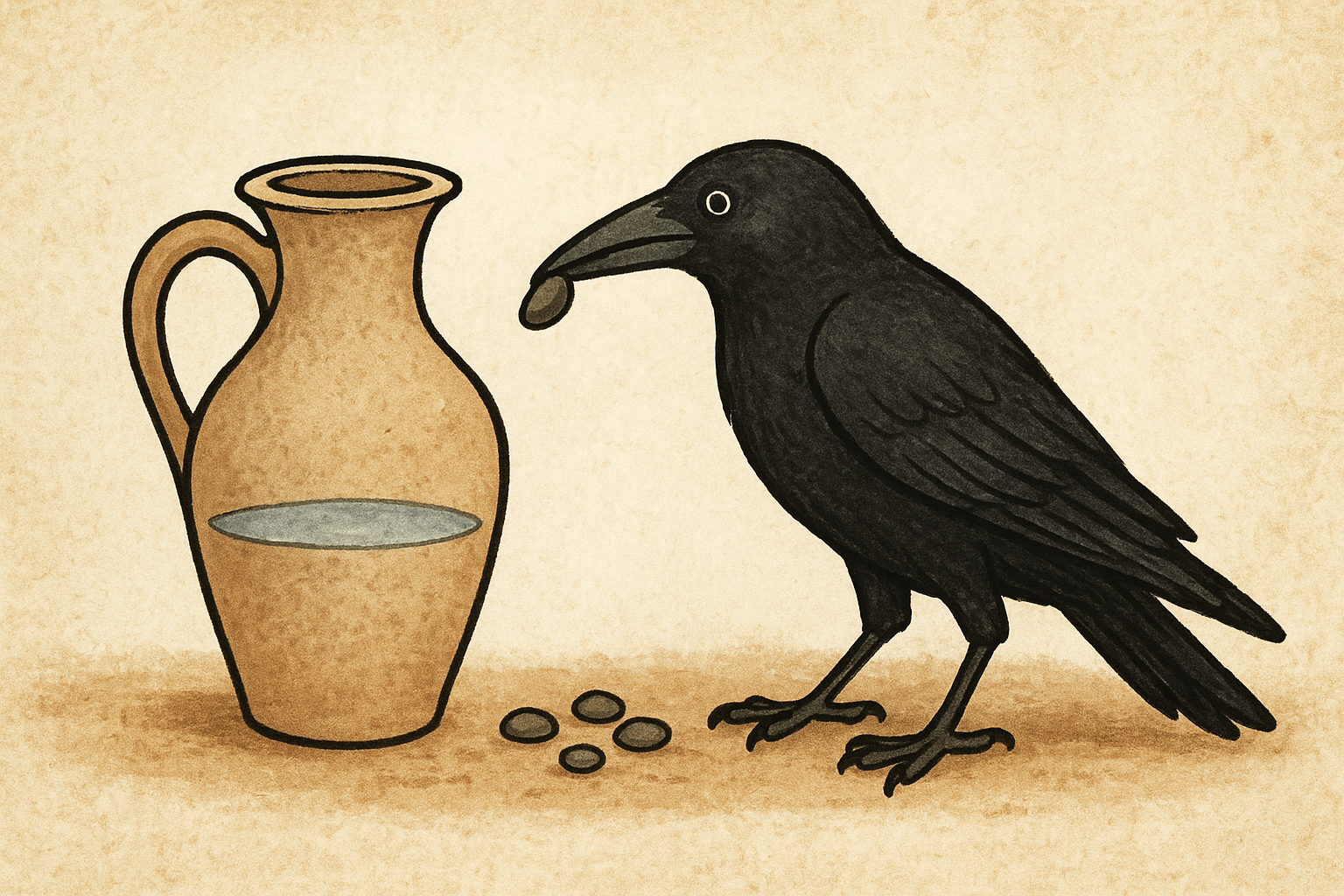 An illustration of Aesop’s crow dropping pebbles into a pitcher to raise the water level, symbolizing overcoming difficulty through perseverance.