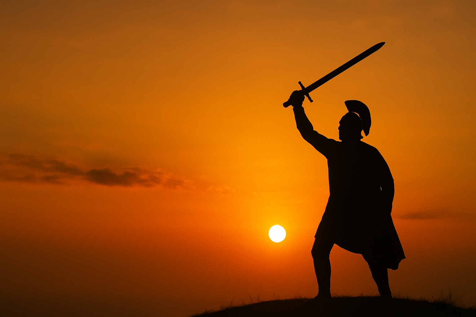 A warrior holding a sword high against a sunset, symbolizing strength and joy in a noble cause