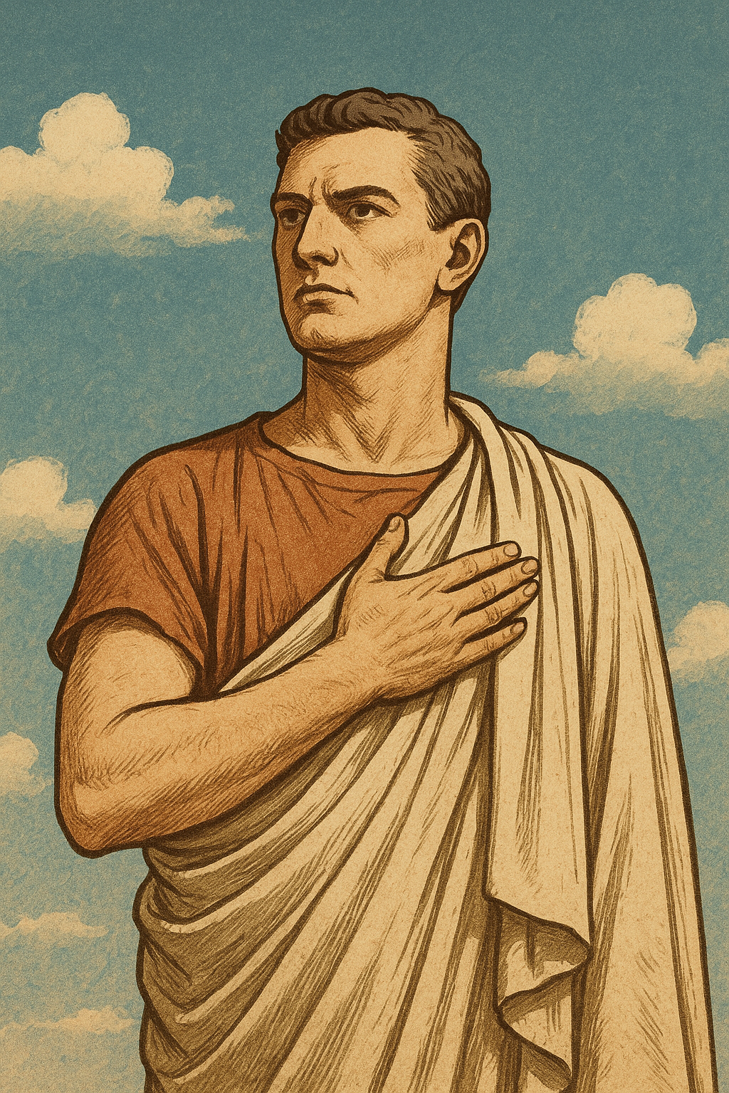 Classical-style illustration of a Roman figure standing upright with hand on chest, symbolizing integrity and acting rightly even when the world is watching.