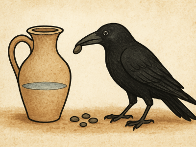 An illustration of Aesop’s crow dropping pebbles into a pitcher to raise the water level, symbolizing overcoming difficulty through perseverance.